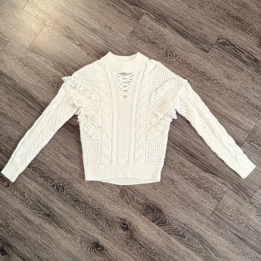 Torn by Ronny Kobo Cream Ivory Paige Ruffle Lace Up Rib Knit Sweater